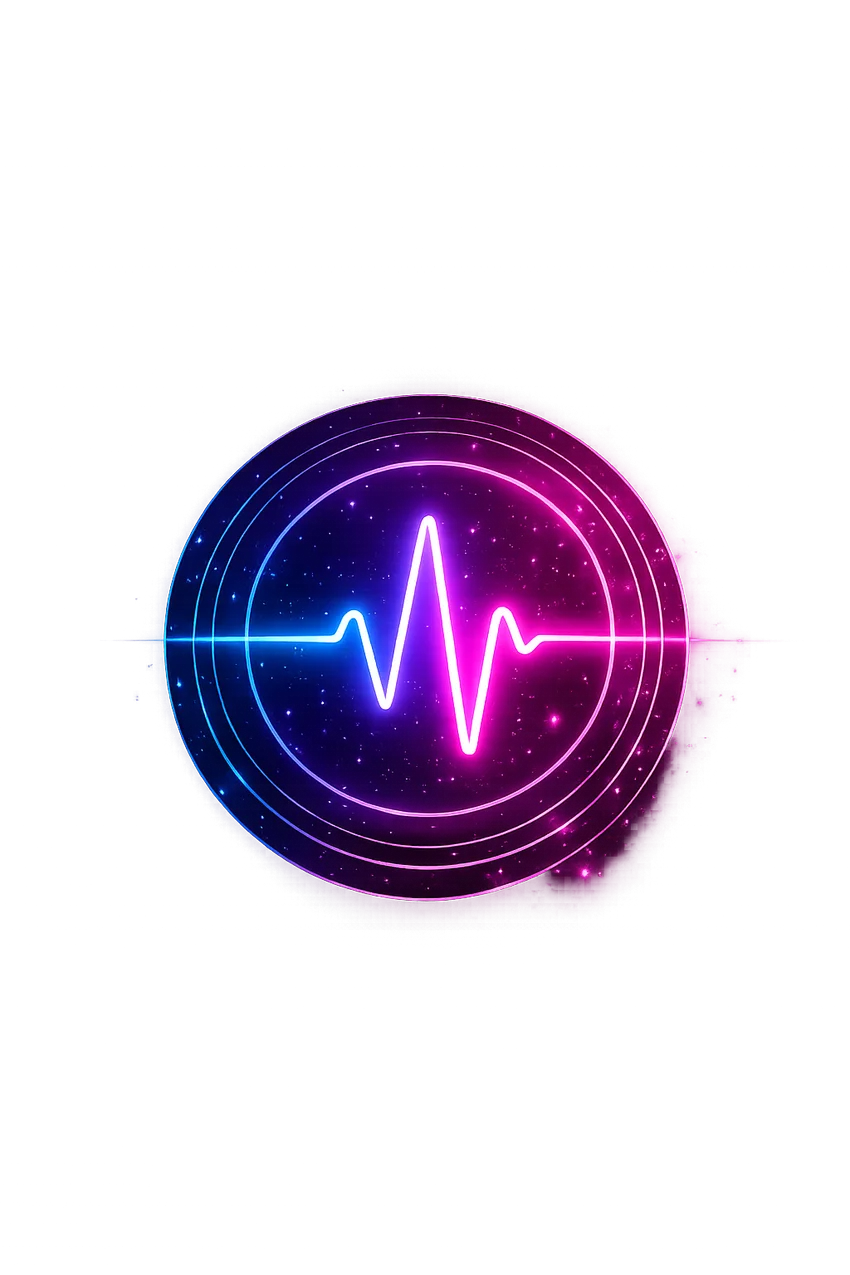 A glowing blue, purple, and pink heartbeat surrounded by sound rings